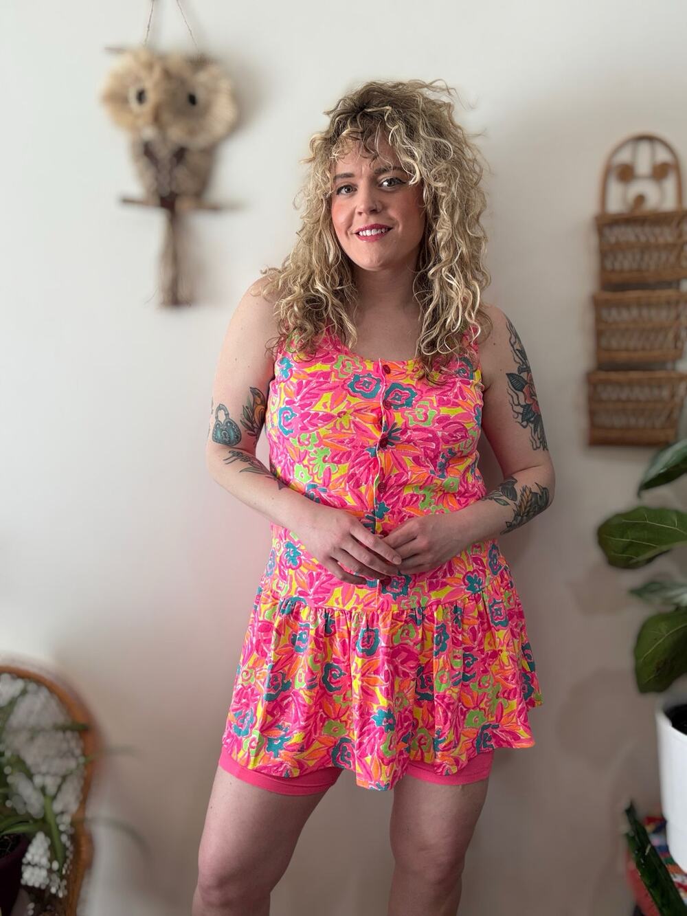 90s Leilani Tropical Print Neon Drop Waist Mini Dress